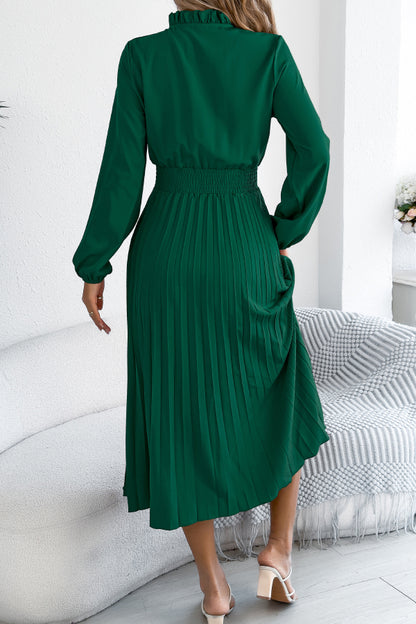 Cardydony Women's Solid Color Long-sleeved Fitted Waist Pleated Elegant Midi Dress