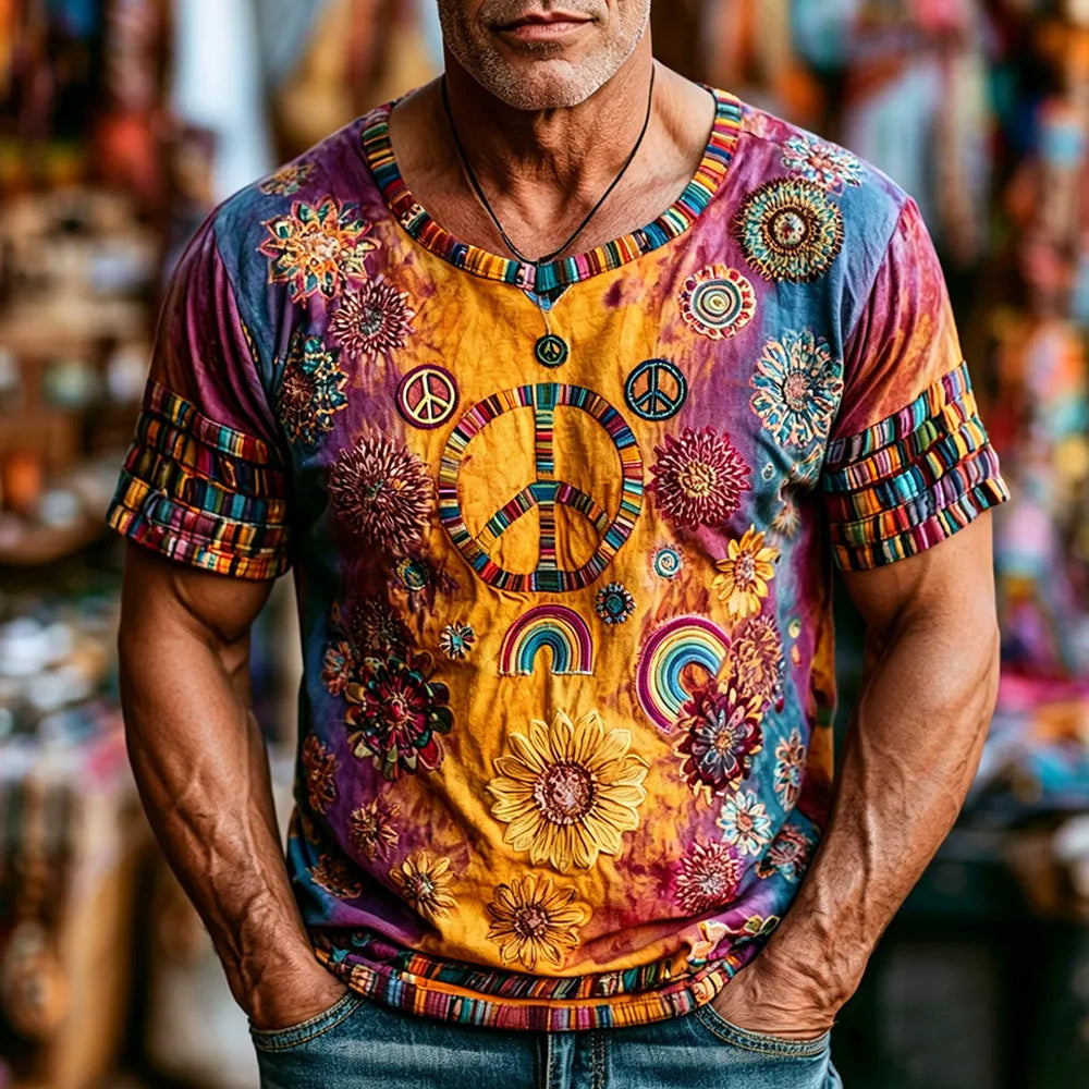 Cardydony Men's Hippie Peace Symbol And Floral Embroidery Art Distressed Gradient Embroidery Crew Neck Short Sleeve Top