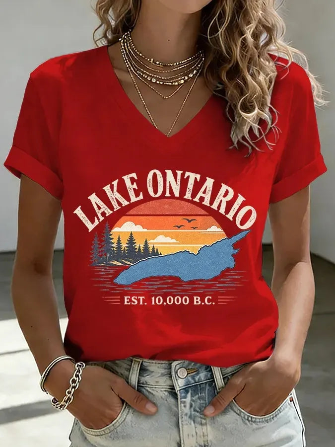Cardydony Women's V-neck Retro Lake Ontario Est. 10,000 B.c. Print T-shirt