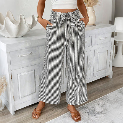 Cardydony Casual Bud Waistband Striped Straight Linen Pants