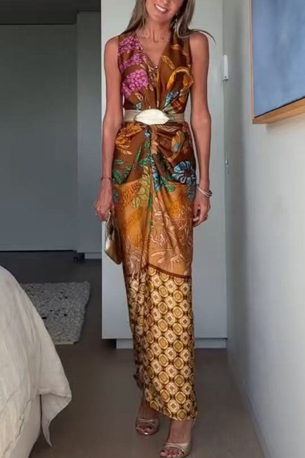 Cardydony Women's Naturally Inspired Satin Unique Floral Print Twist Waist Slit Drape Maxi Dress