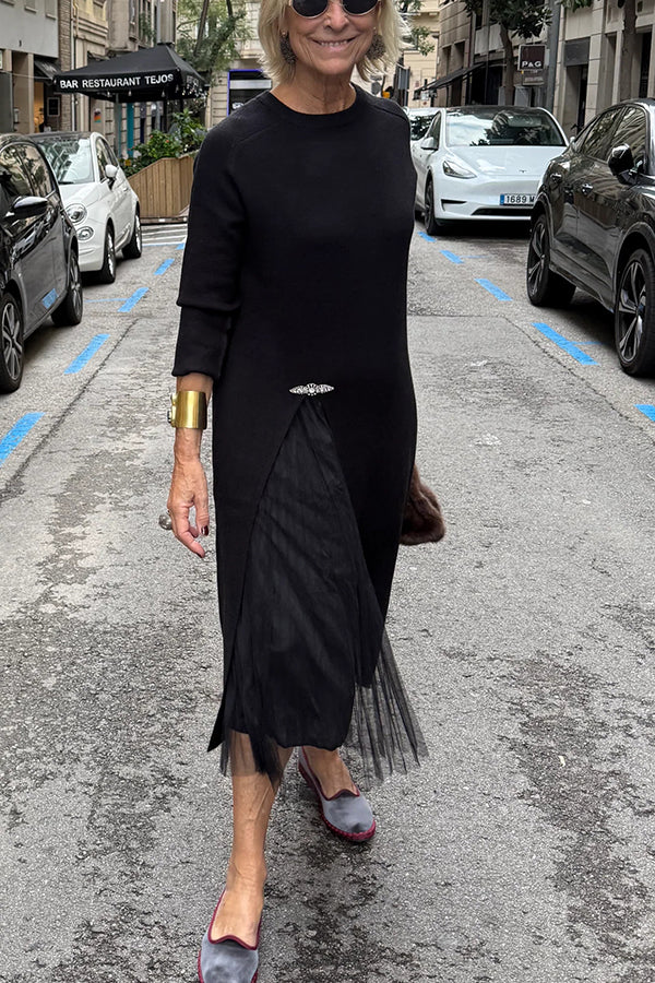 Cardydony Women's Jollie Knit Long Sleeve Front Slit Midi Sweater and Pleated Tulle Stretch Tank Midi Dress Two-piece Set