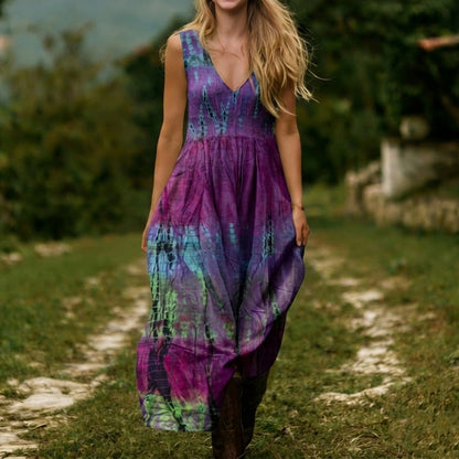 Cardydony Women's Colorful Tie-dye Pattern Art Print Sleeveless Dress
