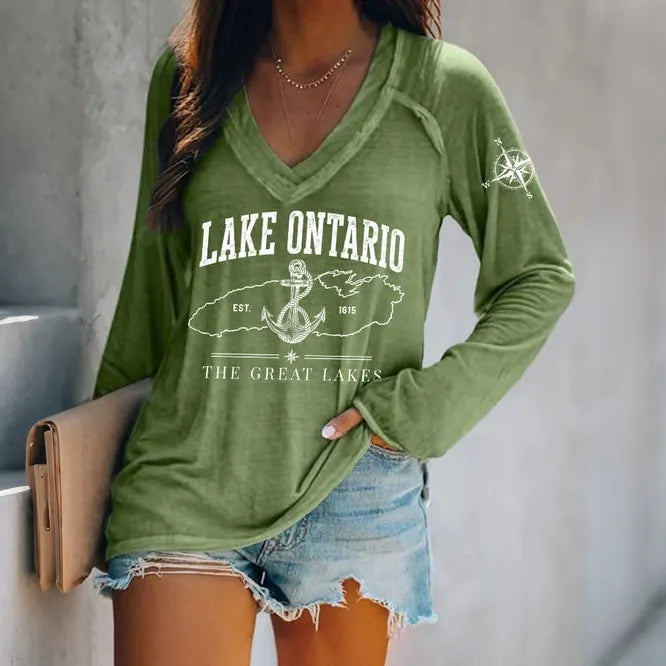 Cardydony Women's Lake Ontario Est 1615 The Great Lakes V-neck Print T-shirt