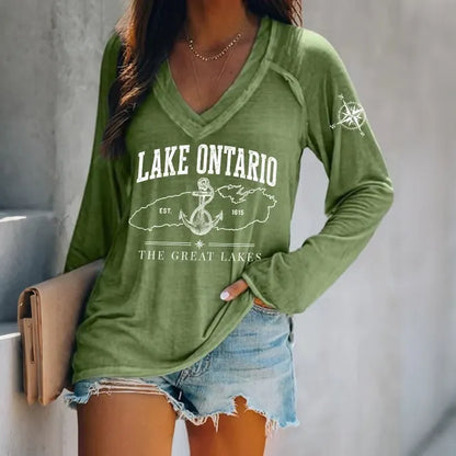 Cardydony Women's Lake Ontario Est 1615 The Great Lakes V-neck Print T-shirt