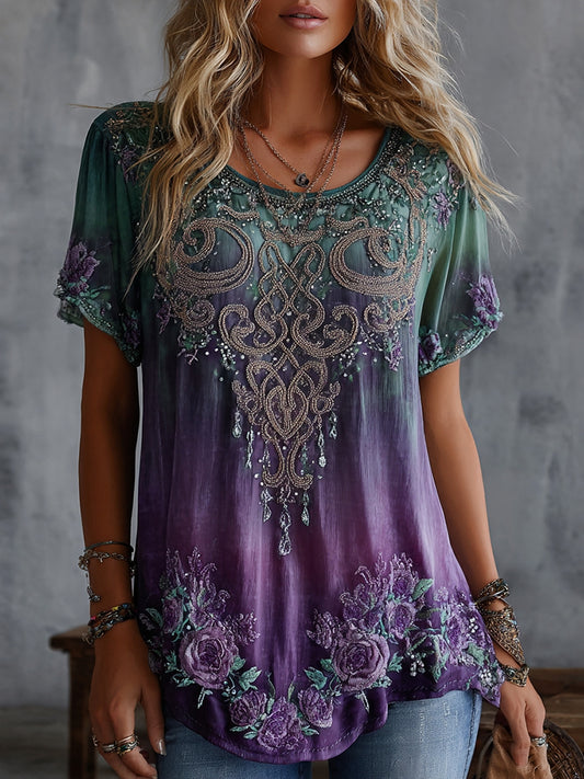 Cardydony Women's Vintage Celtic Knot Floral Gradient Art Flowy Linen Blend Casual Tops