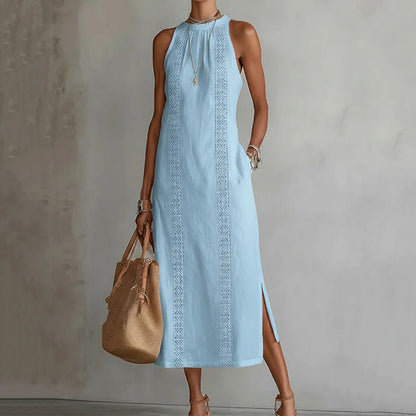 Cardydony Women's Solid Color Lace Patchwork Sleeveless Midi Dress