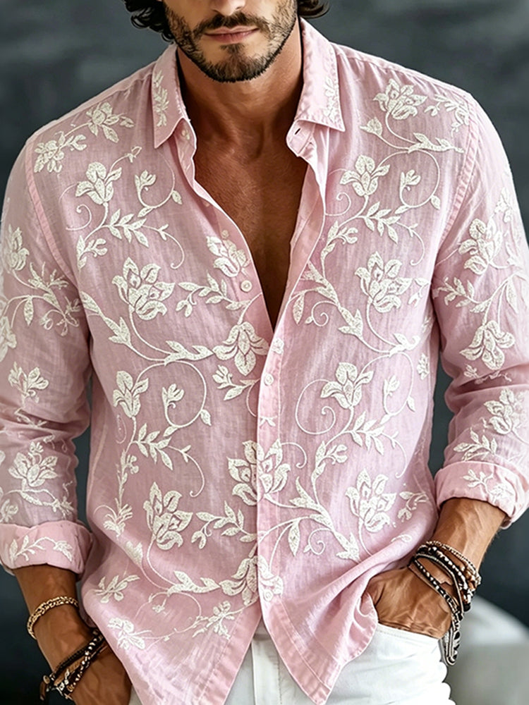 Cardydony Men's Vintage Spring Floral Embroidered Art Print Flowy Linen Blend Casual Shirt