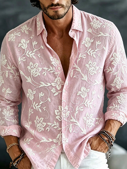 Cardydony Men's Vintage Spring Floral Embroidered Art Print Flowy Linen Blend Casual Shirt