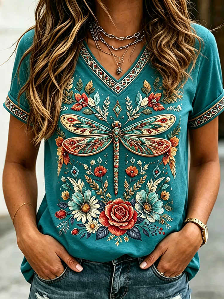 Cardydony Women's Retro Dragonfly And Floral Print Short-sleeve V-neck Cotton Linen Top