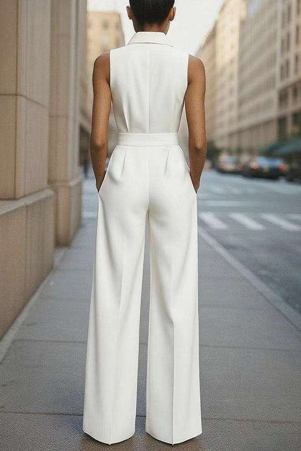 Cardydony Women's Fashion Lapel Sleeveless High Waist Tie Casual Pocket Wide Leg Jumpsuit