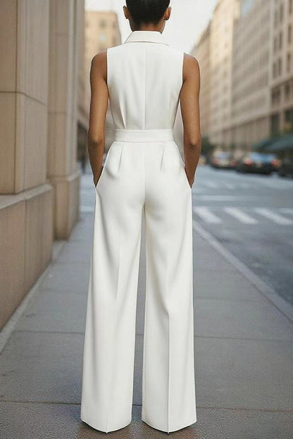 Cardydony Women's Fashion Lapel Sleeveless High Waist Tie Casual Pocket Wide Leg Jumpsuit