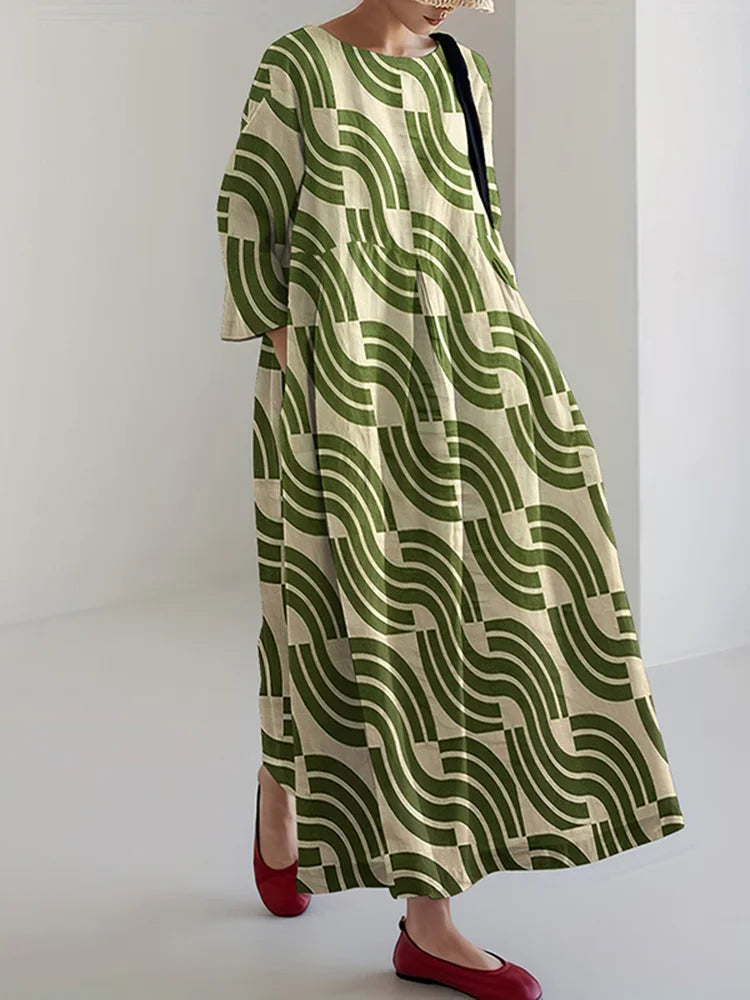 Cardydony Women's Japanese Geometric Art Print Midi Dress