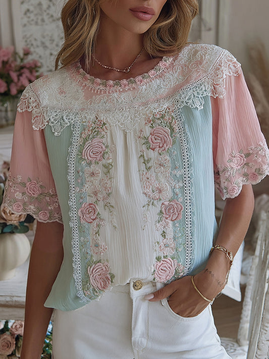 Cardydony Women's Vintage Boho Floral Patchwork Art Round Neck Short Sleeve T-shirt