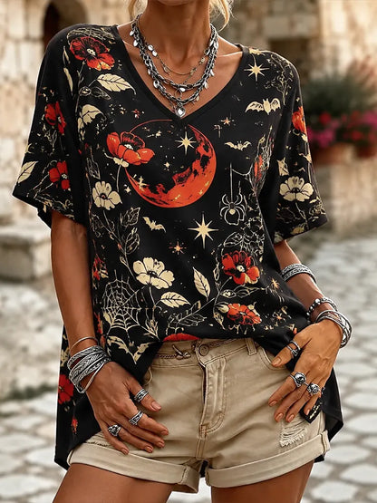 Cardydony Women's Casual Short Sleeve V-neck T-shirt With Gothic Red Moon, Spiderweb, And Floral Print