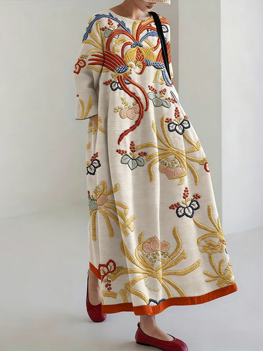 Cardydony Women's Vintage Japanese Floral Print Linen Blend Midi Dress