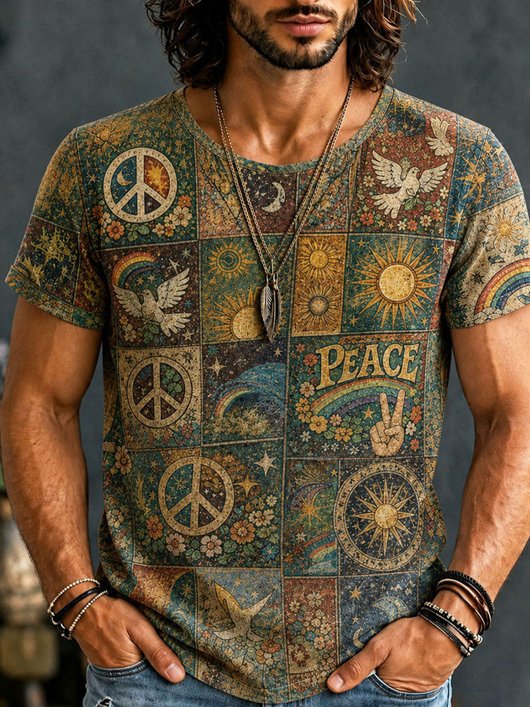Cardydony Men's Hippie And Peace Elements Patchwork Art Print T-shirt
