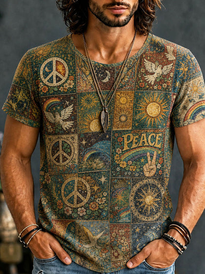 Cardydony Men's Hippie And Peace Elements Patchwork Art Print T-shirt