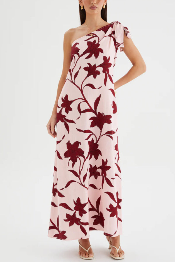 Cardydony Women's Botanical Print Sleeveless One-shoulder Tie-up Casual Vacation Maxi Dress