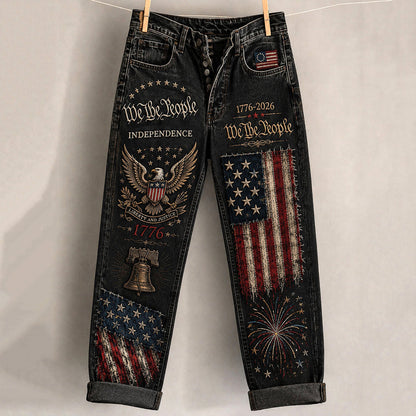 Cardydony Women's Independence Day Printed Casual Imitation Denim Pants