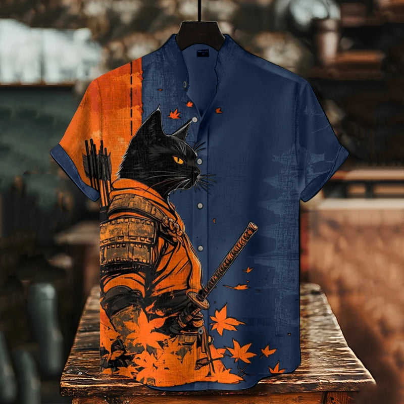 Cardydony Men's Black Cat Warrior And Maple Leaf Temple Print Casual Shirt