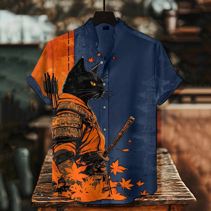 Cardydony Men's Black Cat Warrior And Maple Leaf Temple Print Casual Shirt