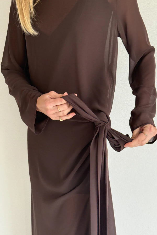 Cardydony Women's  Fashionable Mesh See-through Round Neck Long Sleeve Tie Bow Slit Maxi Dress