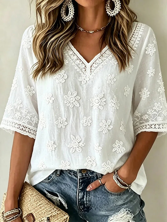 Cardydony Women's White Rose Art Embroidered Art Flowy Linen Blend Three Quarter Sleeves T-shirt