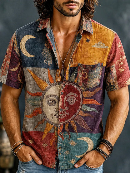 Cardydony Men's Vintage Patchwork Sun Face Moon Art Print Cotton Linen Shirt