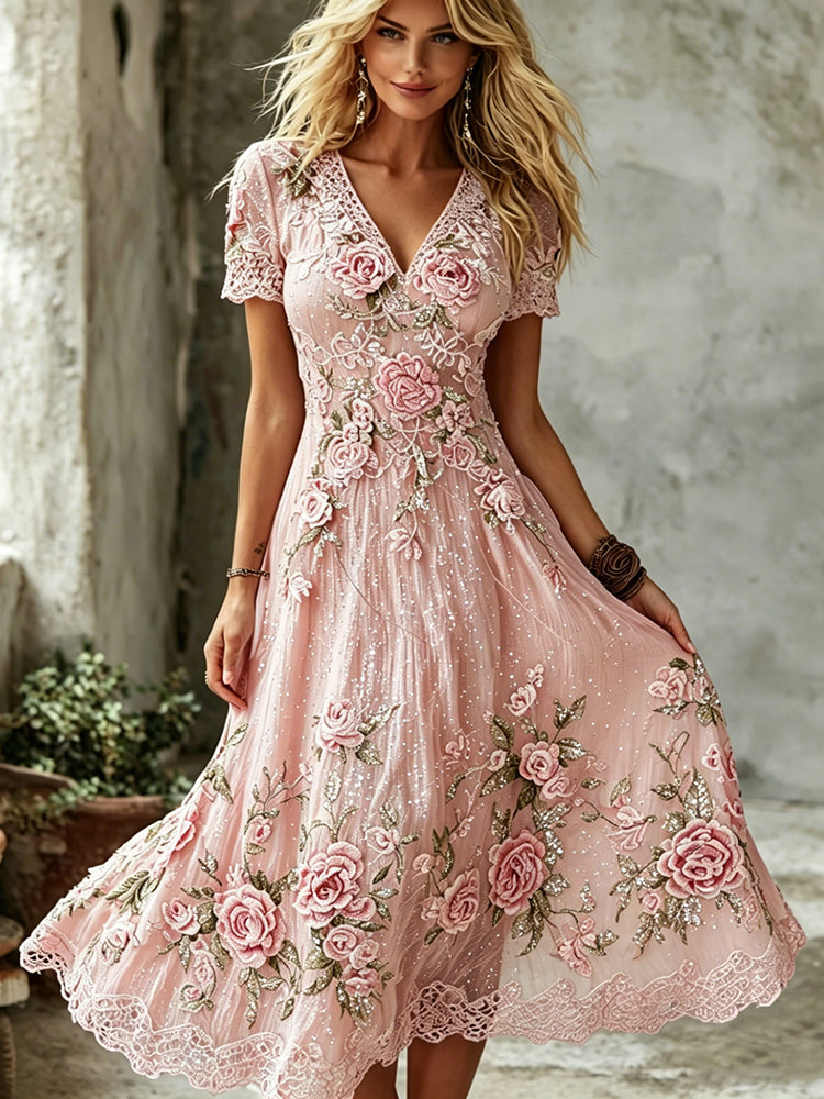 Cardydony Women's Vintage Pink Rose Art Embroidered Linen Blend Maxi Dress