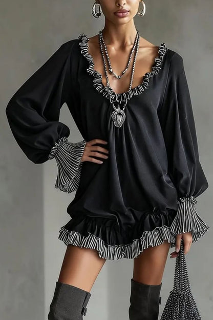 Cardydony Women's Fashionable Patchwork Ruffled Loose Long-sleeved Casual Mini Dress