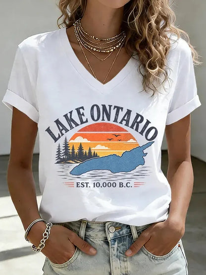 Cardydony Women's V-neck Retro Lake Ontario Est. 10,000 B.c. Print T-shirt