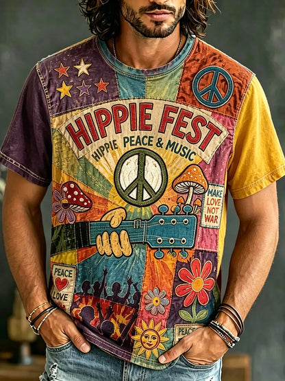 Cardydony Men's Retro Music Hippie Print Short-sleeve T-shirt