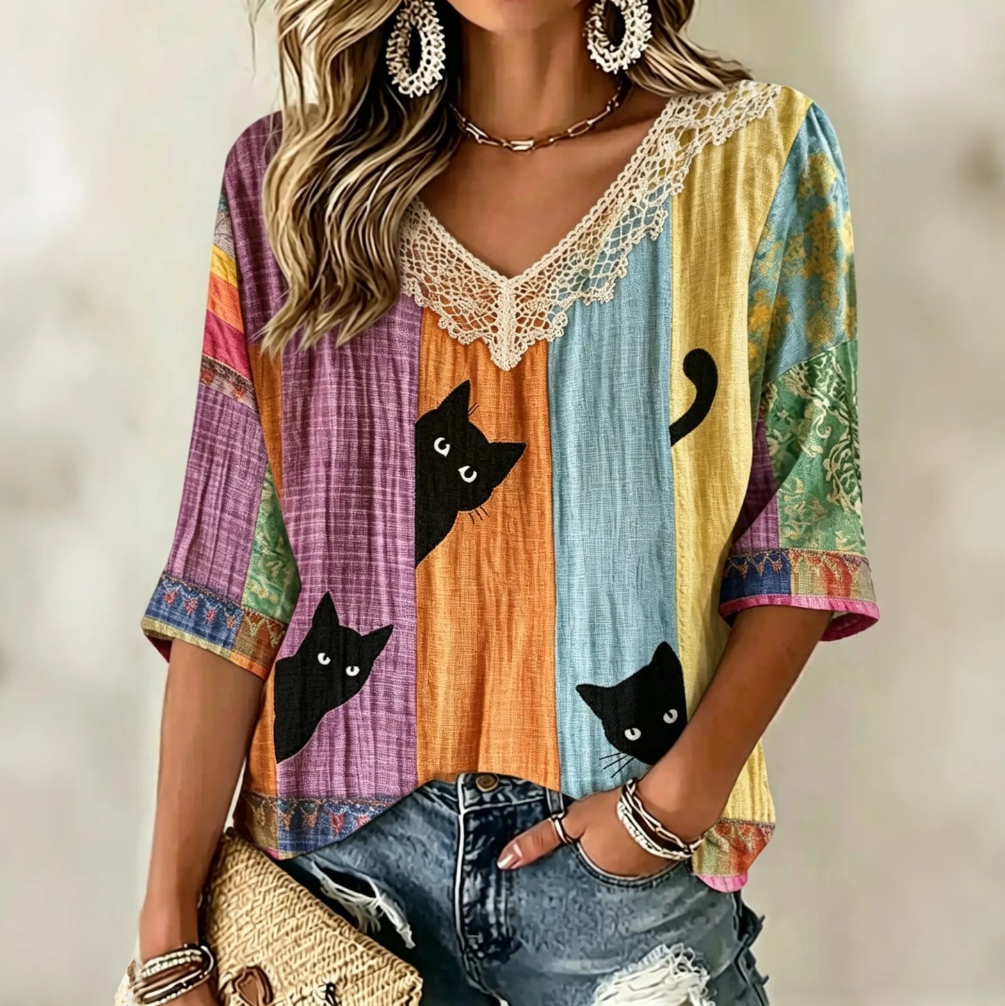 Cardydony Women's Vintage Hippie Cute Black Cat Art Print Embroidered Art Flowy Linen Blend Three Quarter Sleeves T-shirt