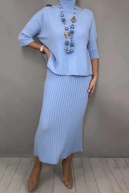 Cardydony Women's Solid Color Loose-fitting Turtleneck Knit Sweater and Stretchy Elegant Midi Skirt Set