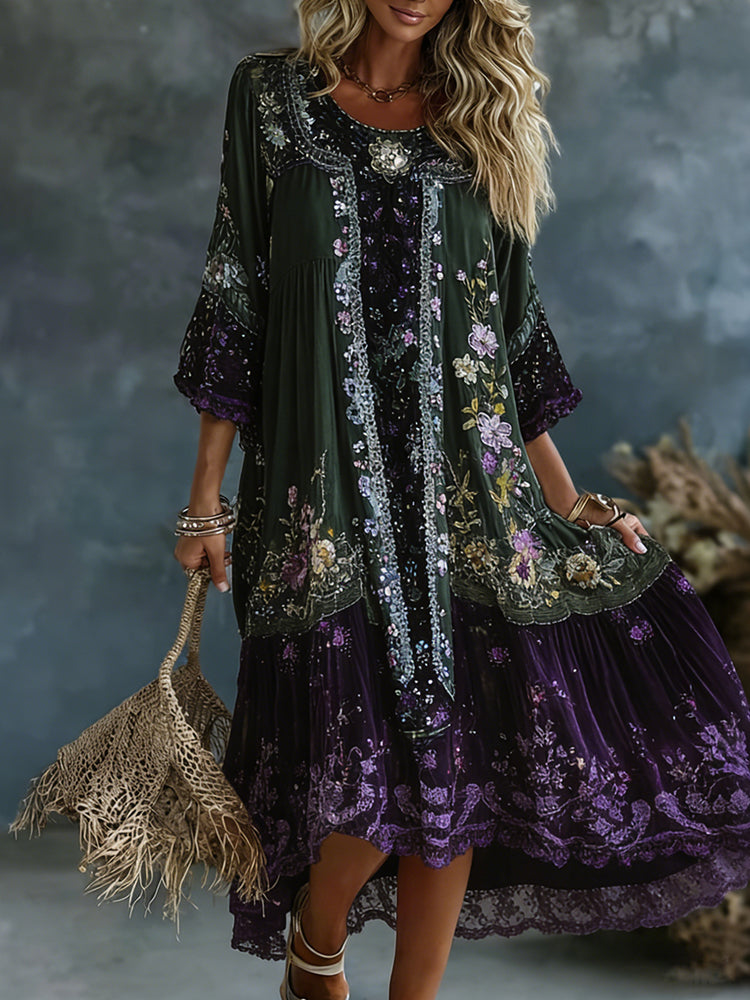 Cardydony Vintage Gradient Purple Lavender And Floral Art Linen Blend Loose Three-quarter Sleeve Dress
