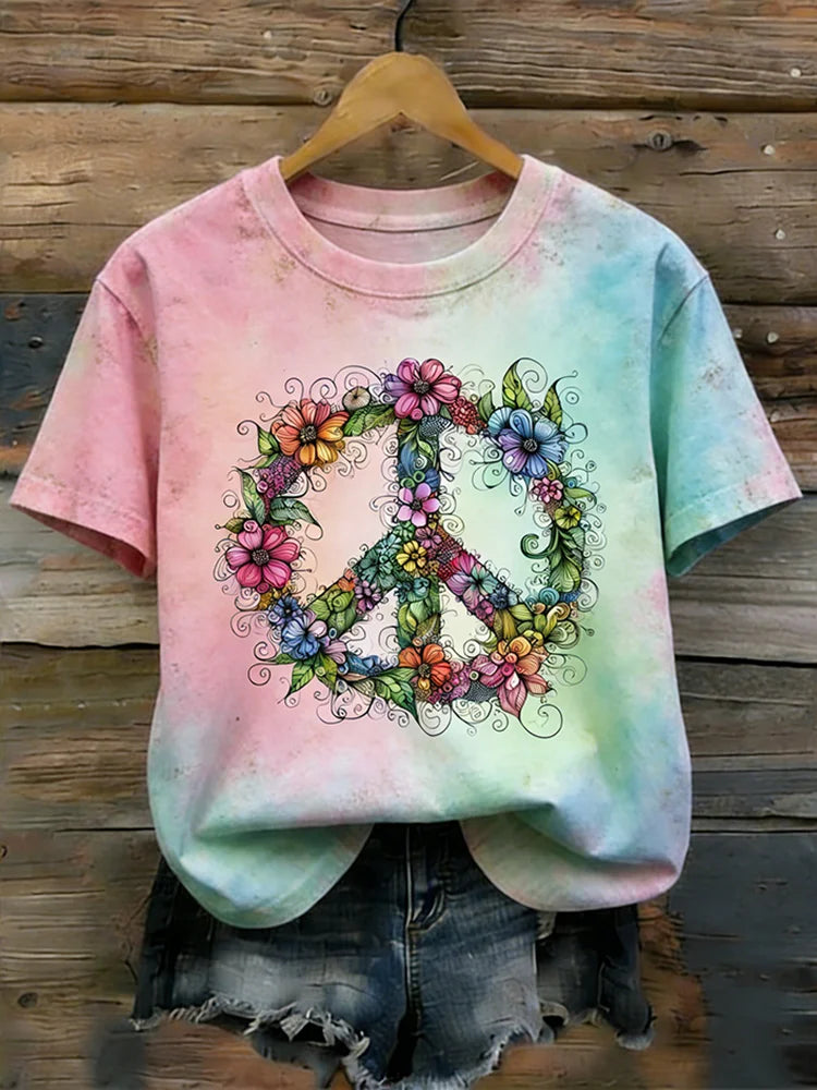 Cardydony Retro Color Plant Flower And Peace Sign Pattern Printed Short-sleeve T-shirt