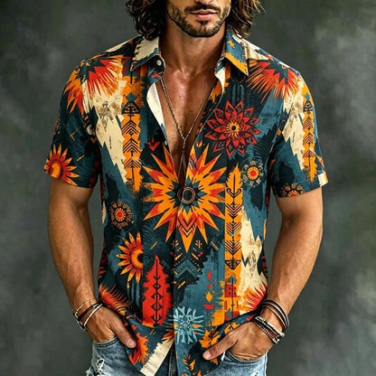 Cardydony Men's Retro Abstract Geometric Pattern Casual Shirt