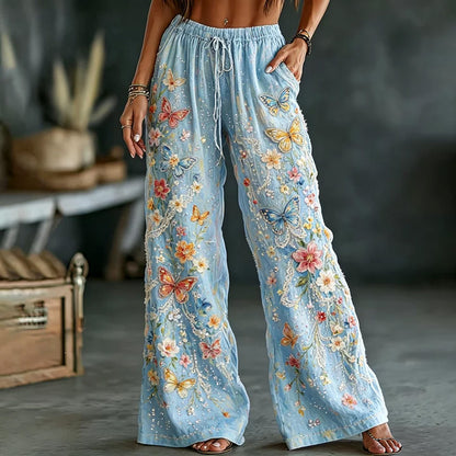 Cardydony Women's Colorful Floral And Butterfly Art Embroidered Linen Blend Lace Pants