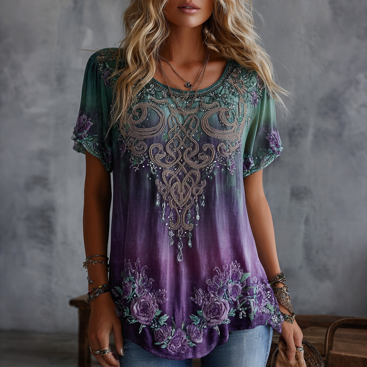 Cardydony Women's Vintage Celtic Knot Floral Gradient Art Flowy Linen Blend Casual Tops