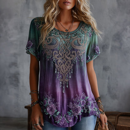 Cardydony Women's Vintage Celtic Knot Floral Gradient Art Flowy Linen Blend Casual Tops