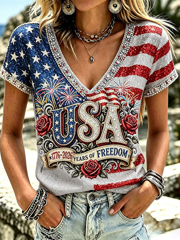 Cardydony Women's Vintage Independence Day Anniversary Art Print Short Sleeve Top