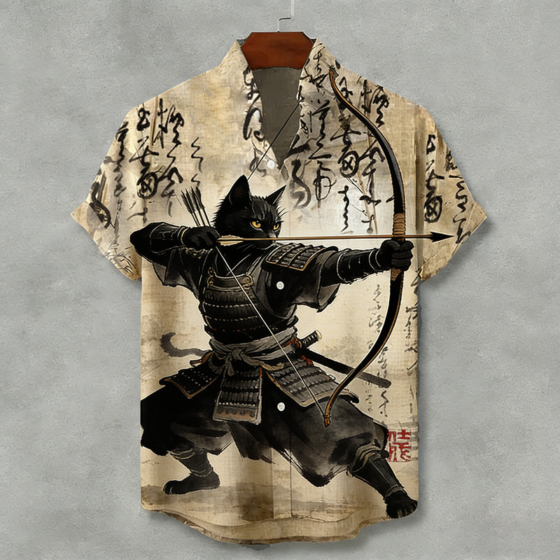 Cardydony Japanese Black Cat Samurai Archery With Calligraphy Art Short Sleeve Shirt