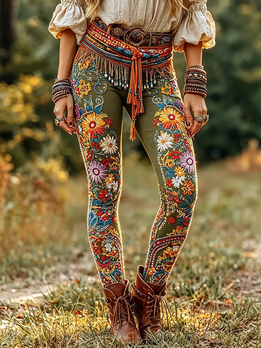 Cardydony Women's Retro Boho Floral Art Pattern Comfy Leggings