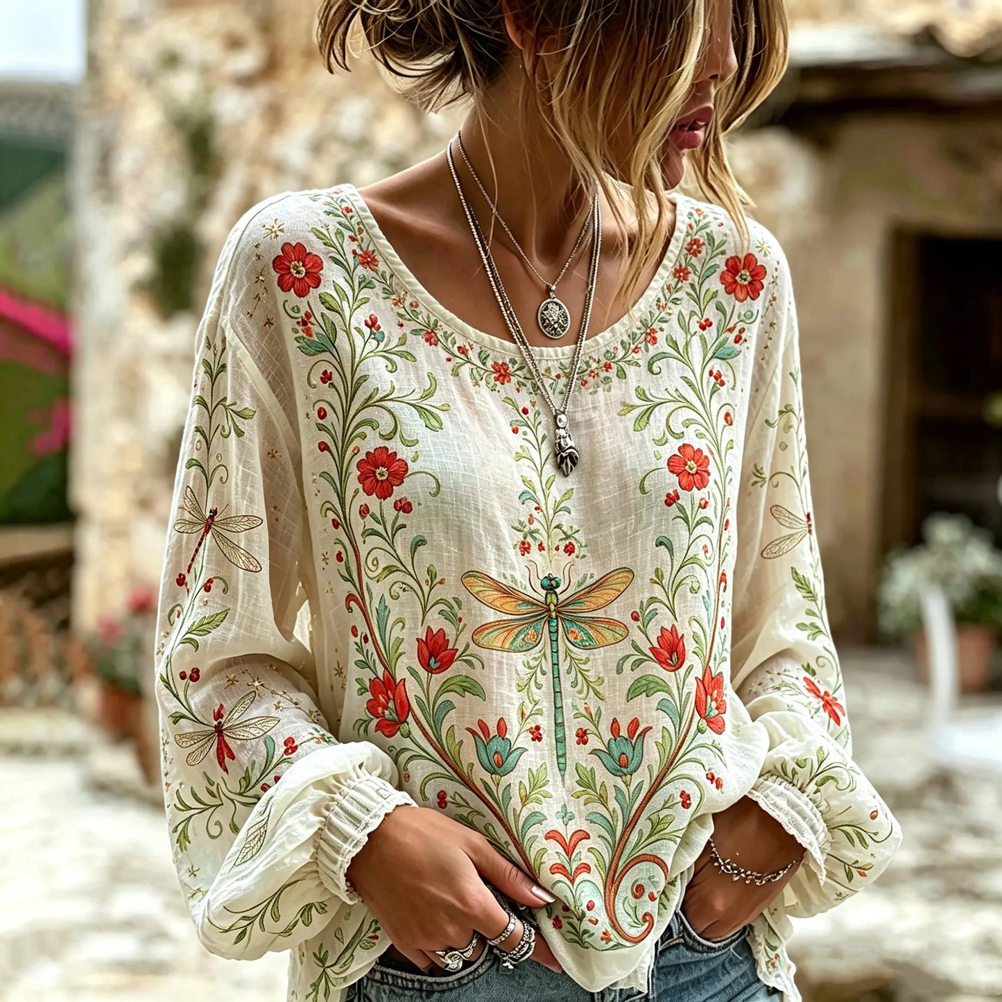 Cardydony Retro Bohemian Style Folk Art Dragonfly And Floral Print Top