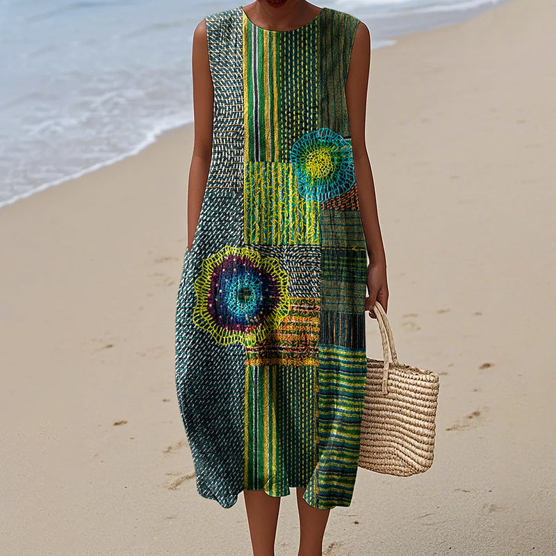 Cardydony Vintage Patchwork Art Pattern Linen Blend Tank Dress