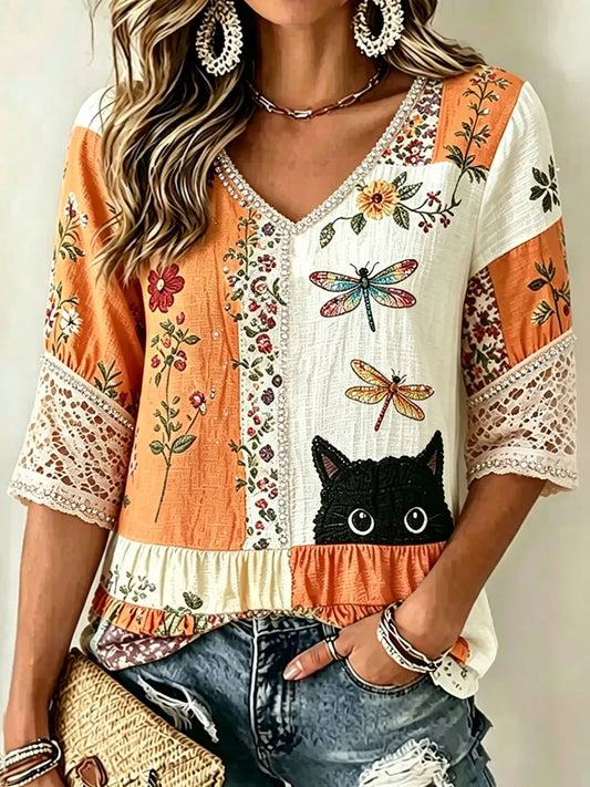 Cardydony Women's Vintage Hippie Cute Black Cat And Dragonfly Art Print Embroidered Art Flowy Linen Blend Three Quarter Sleeves T-shirt