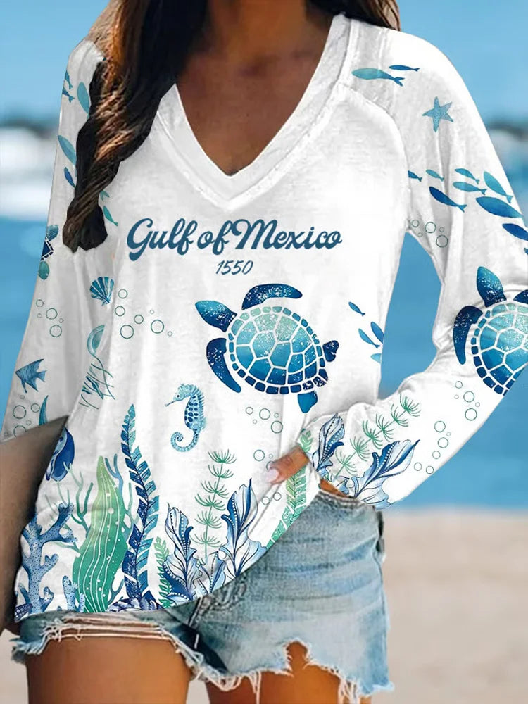 Cardydony Women's Gulf Of Mexico Printed V-neck T-shirt