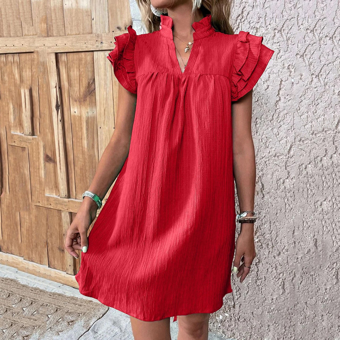 Cardydony Ruffled Notched Cap Sleeve Linen Dress