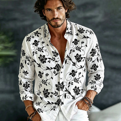 Cardydony Men's Vintage Spring Floral Embroidered Art Print Flowy Linen Blend Casual Shirt